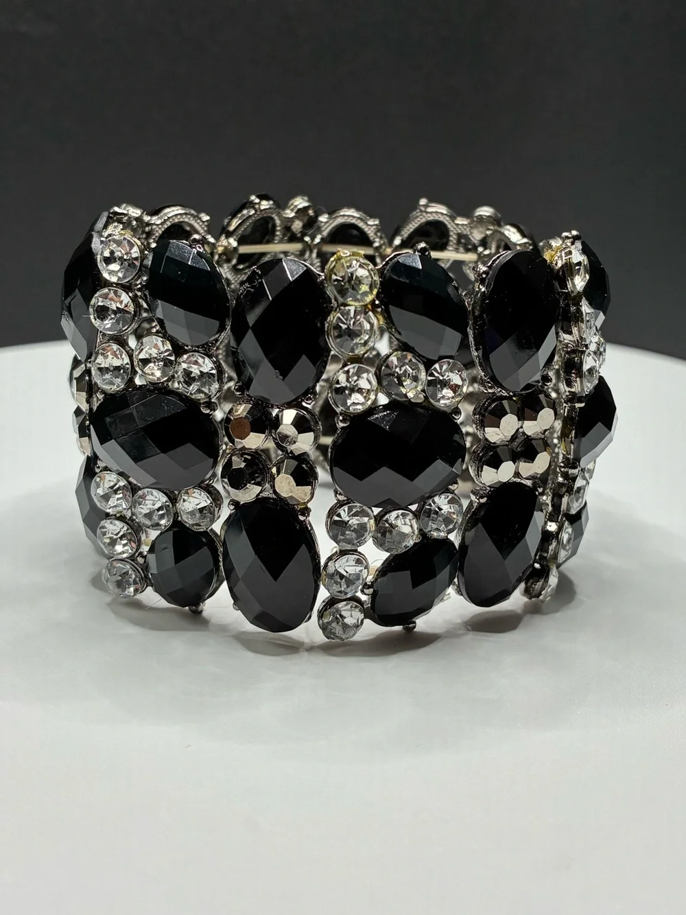 Bold Vintage Black & Silver Crystal Stretch Statement Bracelet